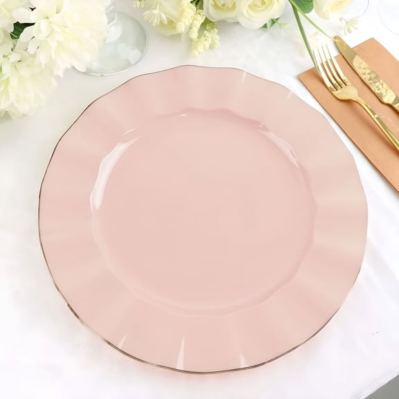 ACDANC Dinner Plates – Set of 10 Plastic Blush Round Disposable Plates with Gold Ruffled Rim – Elegant Tableware for Wedding Receptions,Dinner Parties,Holiday Events,and Catering