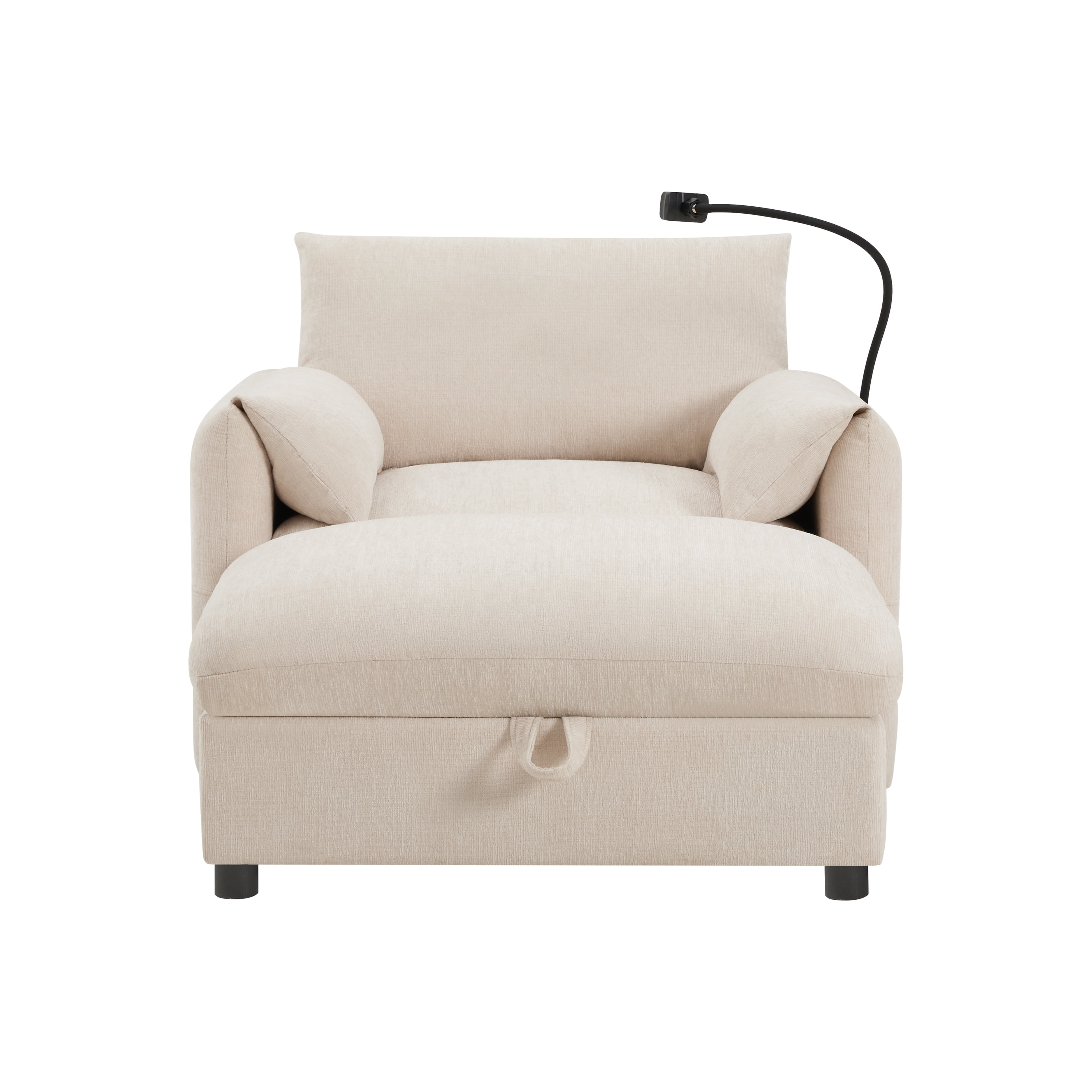 Euroco Accent Chair with Storage Ottoman, Modern Chenille Single Sofa Chair with USB Port,Side Pockets & Adjustable Phone Holder, Cloud Couch with Convertible Chaise for Living Room,Office,Beige