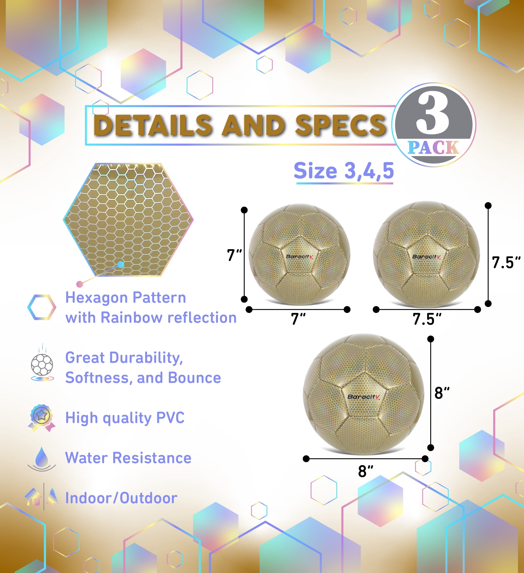 Barocity Iridescent Soccer Balls Set of 3 - Mixed Sizes Gold Official Match Balls with Reflective Hex Pattern, Sport Soccer Balls for Indoor and Outdoor Training and Practice Games- Sizes 3, 4, and 5