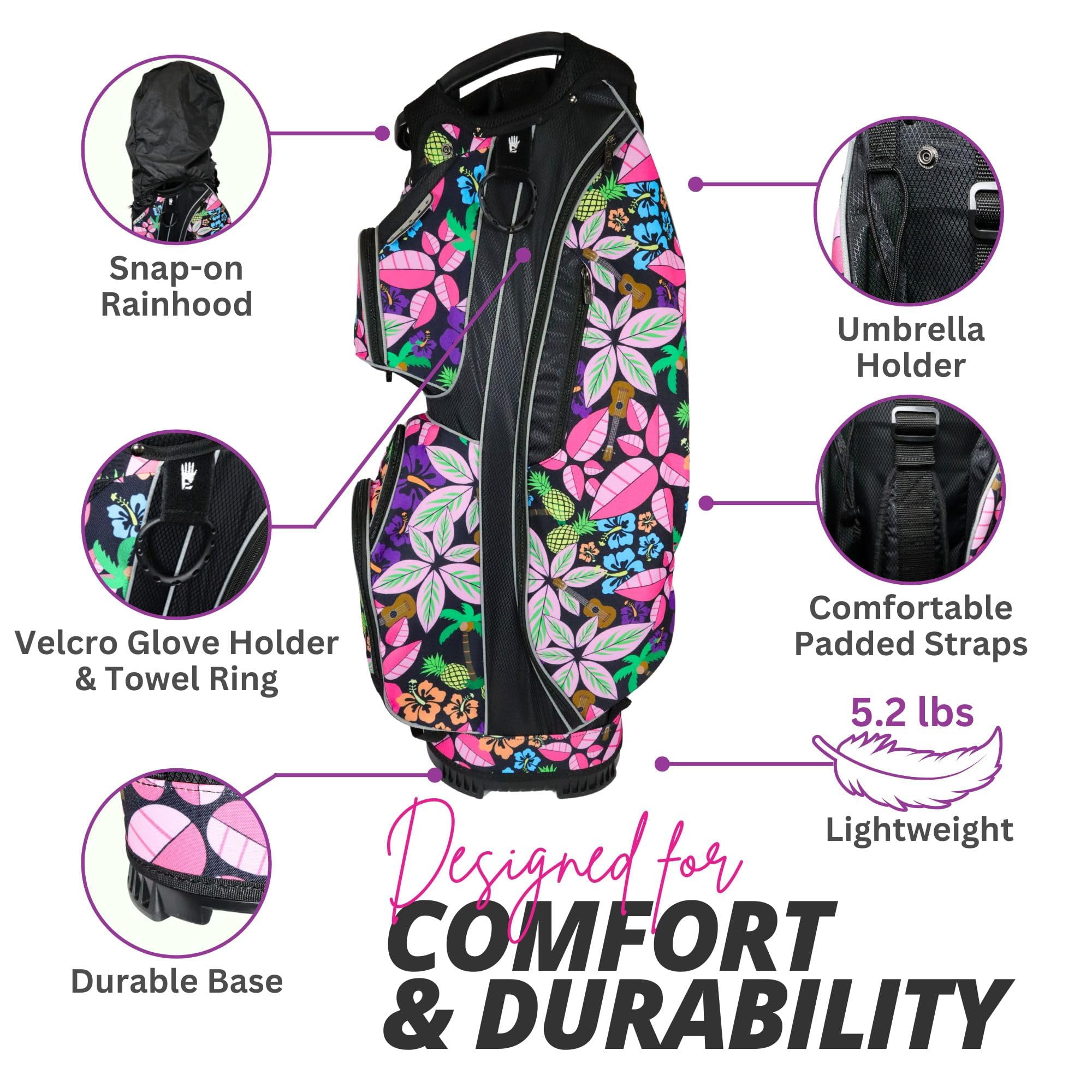 Women’s Golf Cart Bag – Taboo Fashions Resort Collection Lightweight 14-Way Ladies Bag with Cooler, Rain Hood, 7 Zippered Pockets, Tee Holder & More (Tropical Paradise)