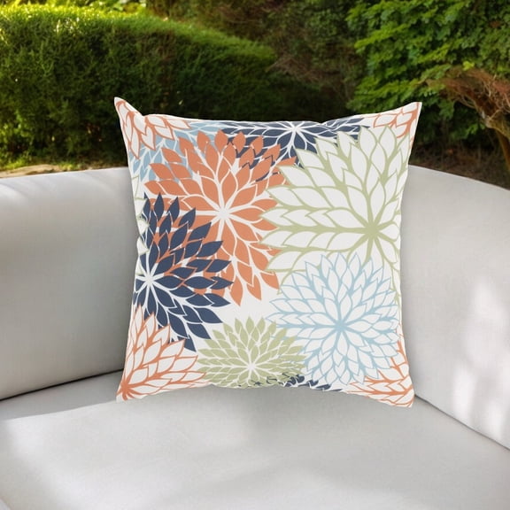 20" Orange Green and Blue Floral Indoor Outdoor Throw Pillow