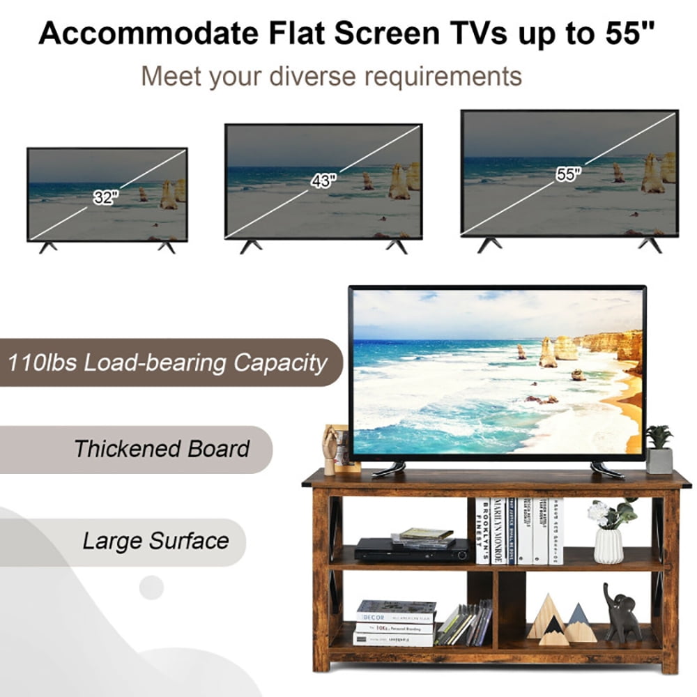Finihen TV Stand, TV Cabinet, 3 Tier Wood TV Stand for 55-Inch with Open Shelves and X-Shaped Frame, Media Entertainment Center with Storage, for Living Room, Bedroom, Brown