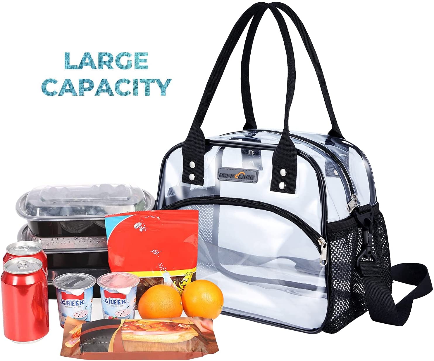 USPECLARE Clear Lunch Bag Lunch Box, Clear Tote bag with Removable Bottom Board for Women & Men, See Through Reusable Lunch Box Clear Lunch Bag for Workplaces, Clear Shoulder Bag for Security