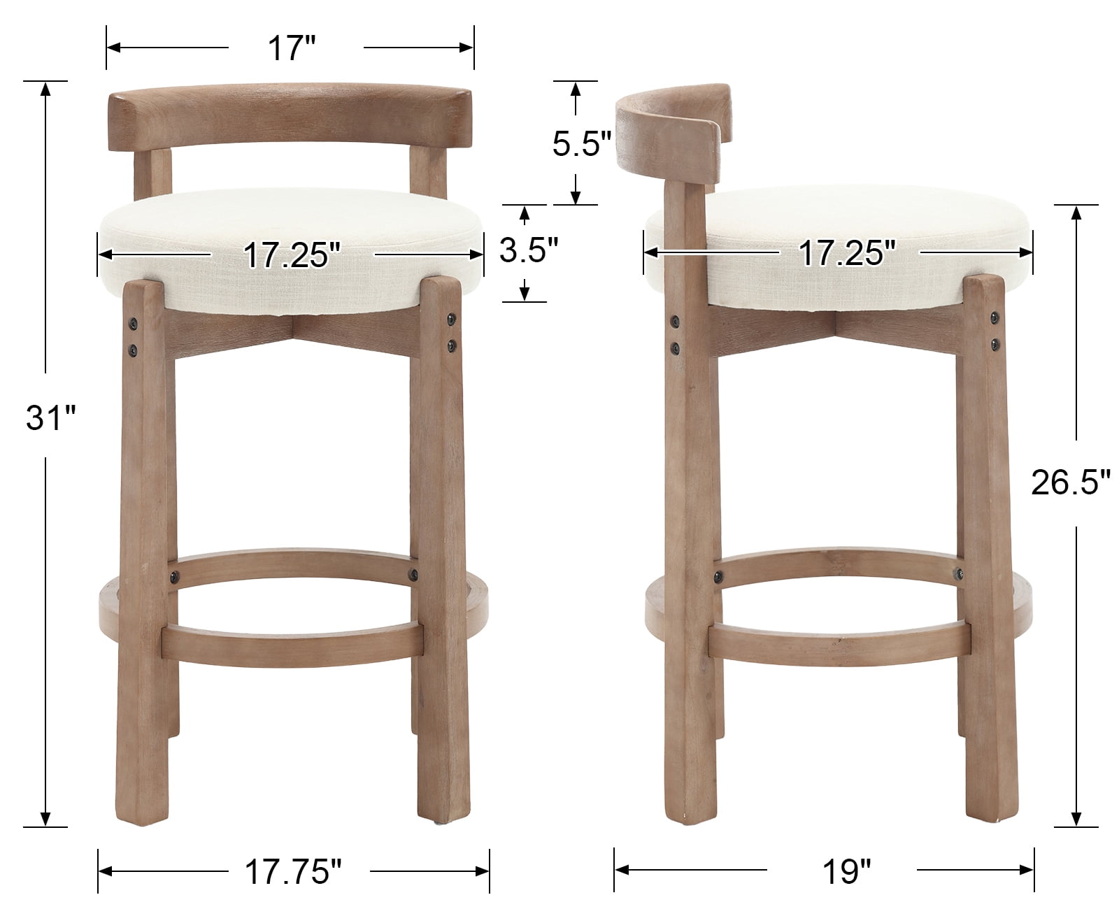 Guyou Counter Height Stools Set of 2, Mid Century Modern Armless Island Bar Stools with Curved Back and Wooden Frame, Round Kitchen Stools with Footrest for Restaurant Bar Kitchen Island, Beige