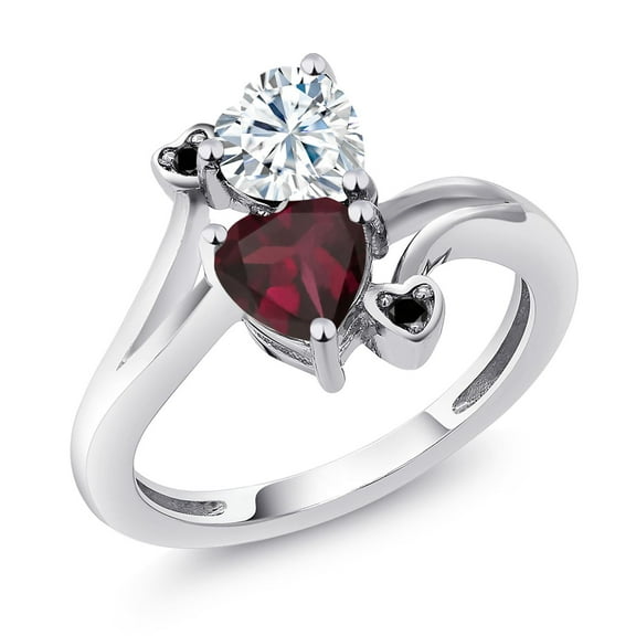 Gem Stone King 925 Sterling Silver White Moissanite Red Rhodolite Garnet and Black Diamond Ring for Women (1.55 Cttw, Heart Shape 6MM, Gemstone Birthstone, Size 7)