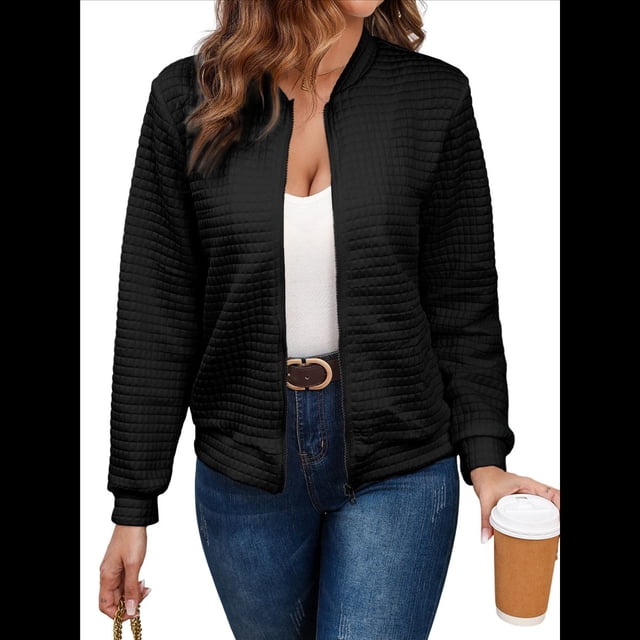 Chaqueta Informal Holgada de Cuadros Pequeños para Mujer, de Color Liso, Tendencia Otoñal, con Cremallera, Larga y Cuello Redondo. Negro M