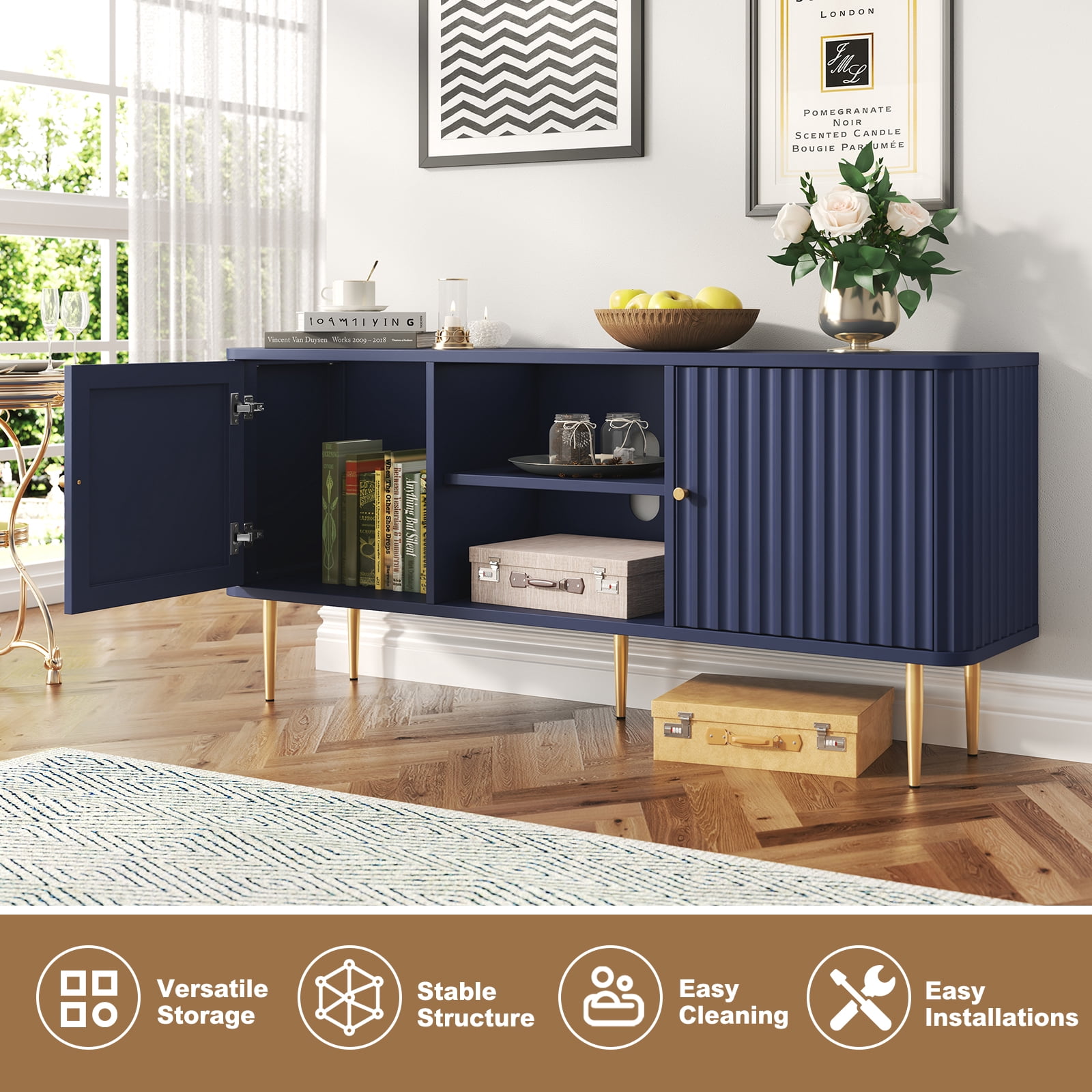 HLR Modern Fluted 55" TV Stand for 65 Inch TV, Entertainment Center with Storage, TV Console for Living Room, Blue