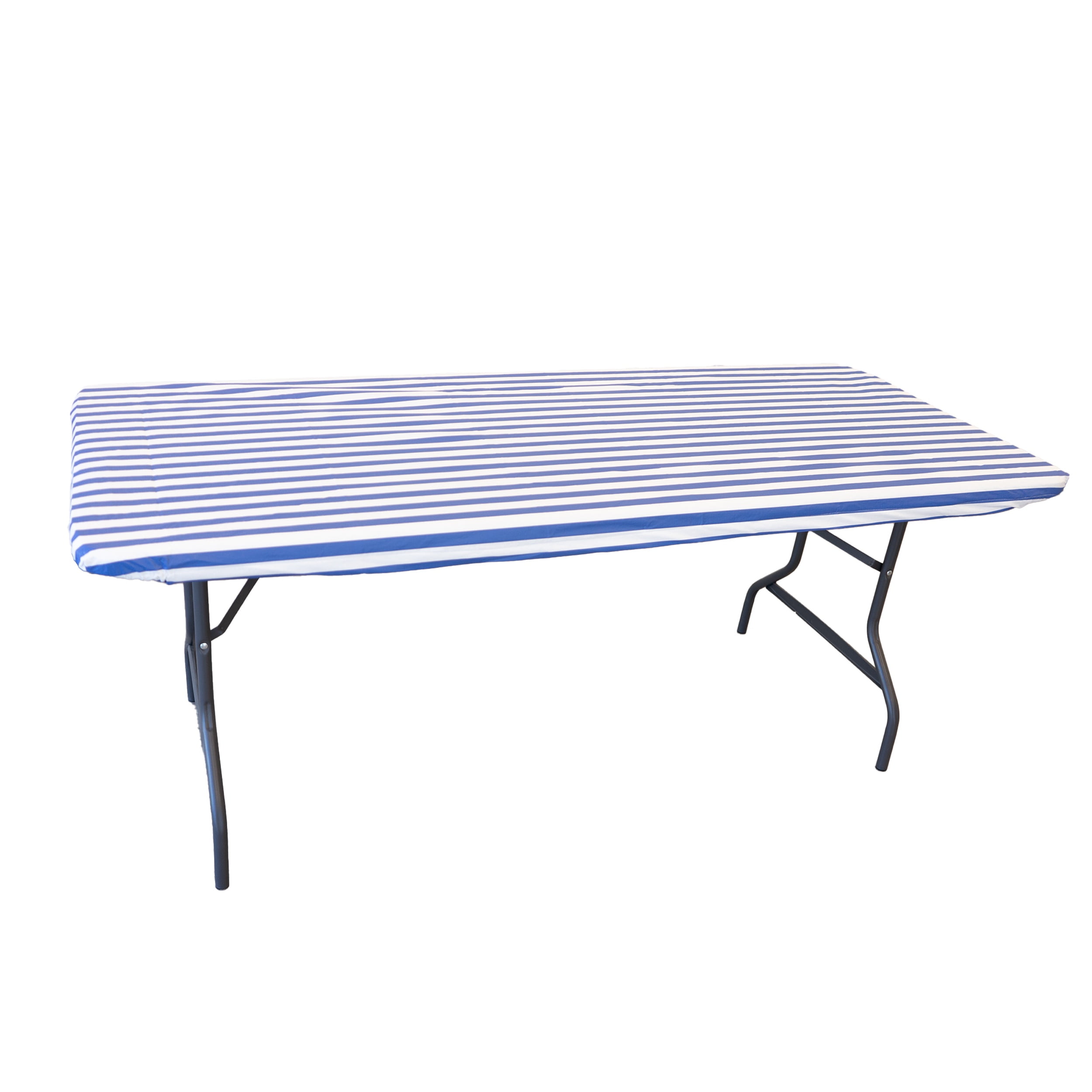 Waverly Inspirations Rectangular Elastic Fitted Table Cover Waterproof Vinyl Tablecloth With Flannel Backing, 6Ft Table, 72" x 30", White/Blue Stripe, 4 PK