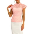 thumbnail image 1 of INSPIRE CHIC Women's Keyhole Back Top Short Sleeve Stand Collar Semi Sheer Blouse M Pinks, 1 of 6