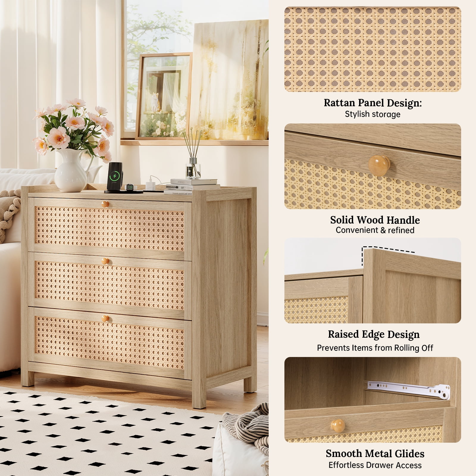LGHM 29.5"W Nightstand Set of 2 with 3 Drawers & Charging Station, Dresser for Bedroom, Farmhouse Rattan Bedside Table Night Stands, Boho Side Tables, Oak