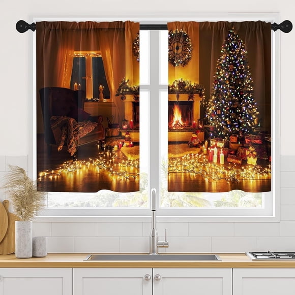 Christmas Kitchen Curtains Window Curtains Over Sink Set of 2, Room Bright Light Fireplace Short Tier Curtain for Kitchen, Xmas Tree Gifts Kitchen Decor 26" x 36"