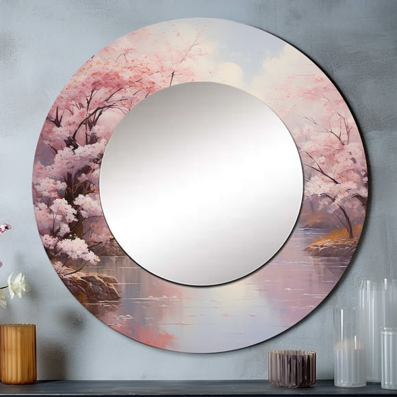 Designart "Pink Cherry Blossom love expression IV" Cherry Blossom Pink Large Round Mirror - Round Mirror Wall Décor - Traditional Round Printed Mirror 29" x 29" Inch