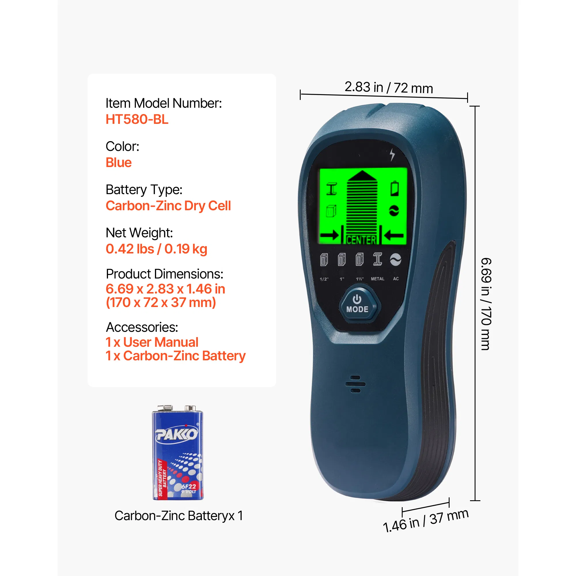 5 in 1 Stud Finder Wall Scanner with Smart Sensor,LCD Display,Audio Alarm for Metal,AC Wire,Joists and Pipes-Blue Electronic Detector