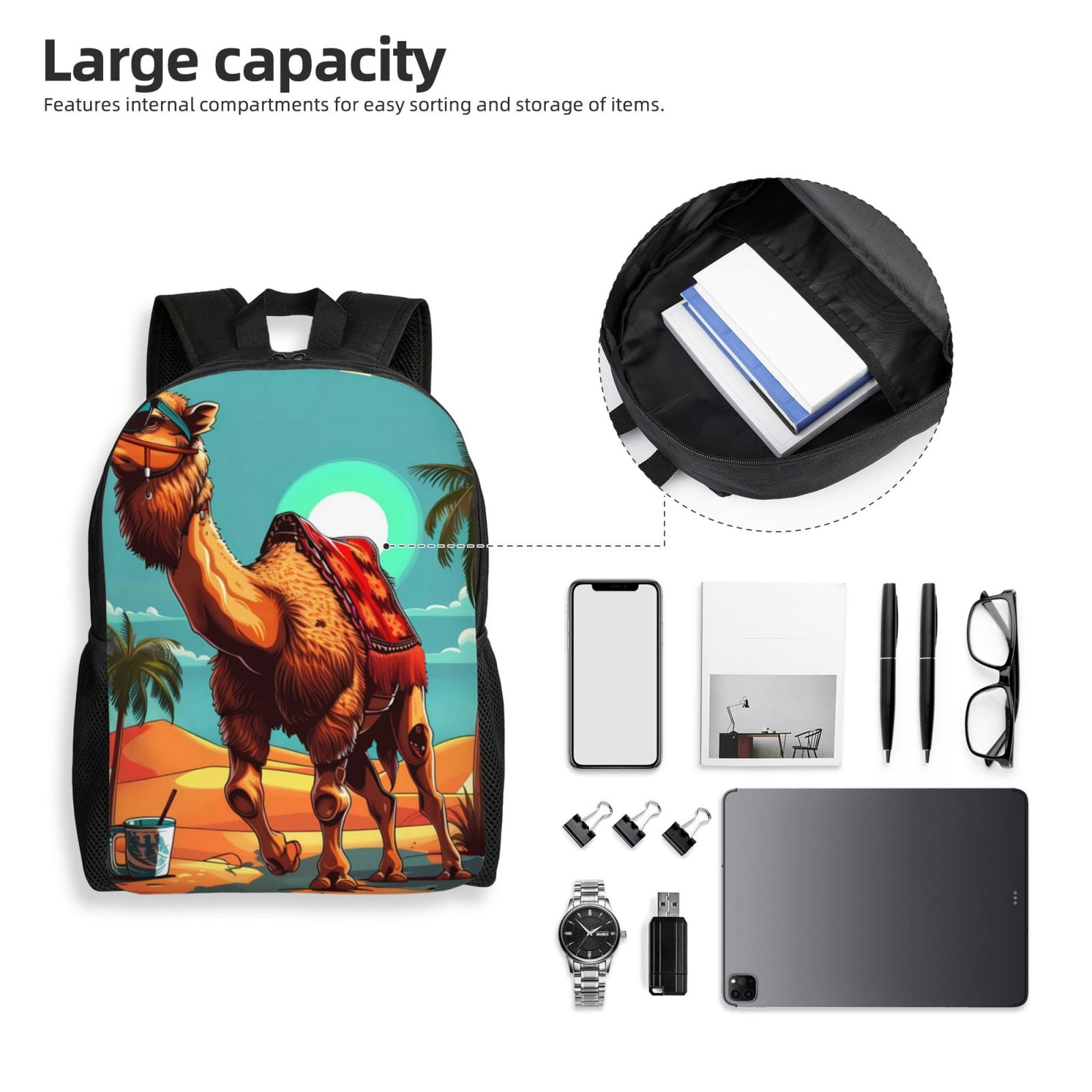 Xecao Cool Camel Oasis Vibes Print School Backpack with Laptop Compartment Small Travel Laptop Backpack for Women Men Waterproof College Backpack Simple School Bag