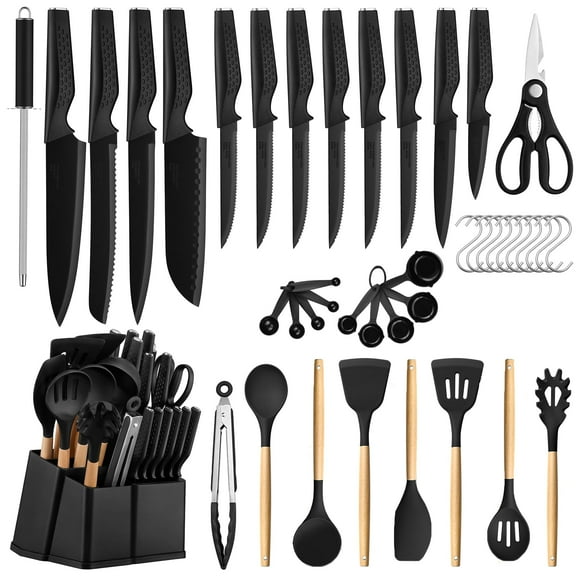 Vesteel 43-Piece Kitchen Knife and Utensil Set, High Carbon Stainless Steel Kitchen Knives with Silicone Cooking Utensils, Non-Stick Cookware, Ultra-sharp & Rust