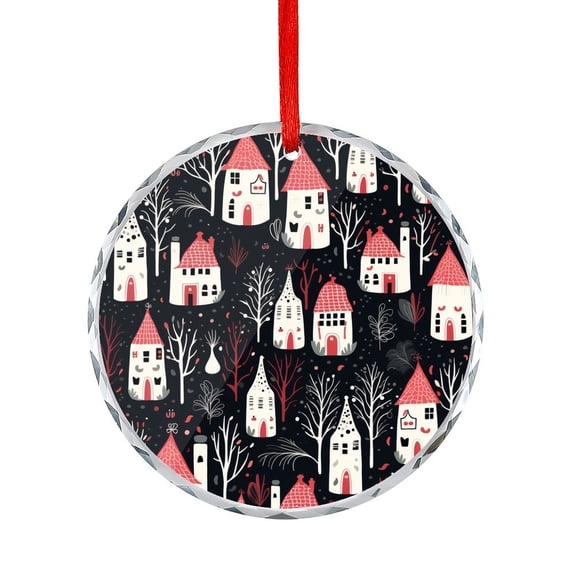 Simplistic Cartoon Countryside Crystal Glass Ornament Merry Christmas Winter Xmas Round Christmas Ornament Xmas Tree Decorations for Family Couples Friends