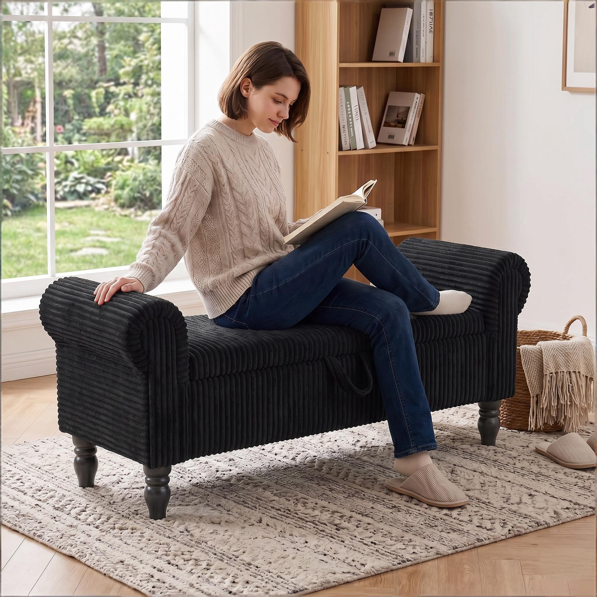 51.5" Corduroy Storage Ottoman Bench, Upholstered End of Bed Bench for Bedroom Living Room Entryway Window Seat（Black）