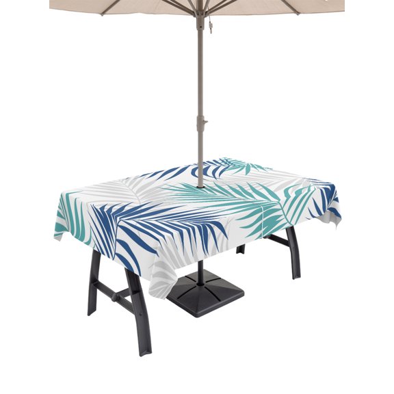 Outdoor Tablecloths with Umbrella Hole & Zipper, Palm Leaves 60 x102 Inch Rectangle Tablecloths, Modern Simple Tropical Plants Teal Navy Blue Waterproof Table Cloth, Patio/Pool/Picnic Table Covers