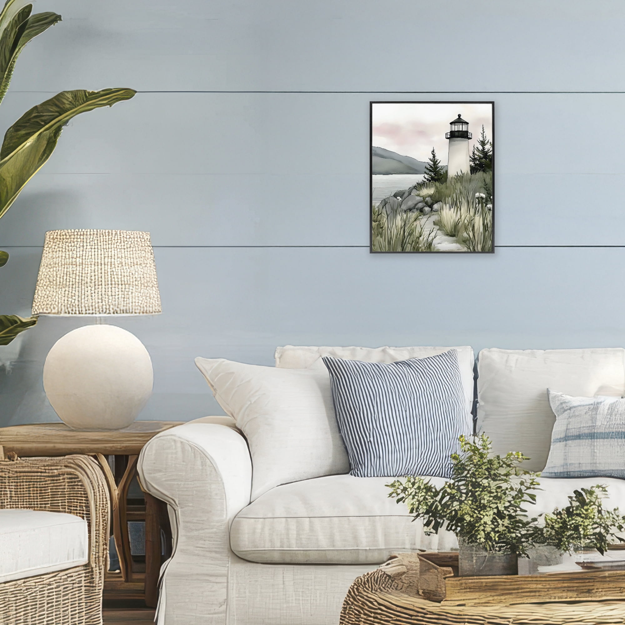 Stupell Industries Coastal Calm Lighthouse Black Framed Giclee Art, design by Riley B