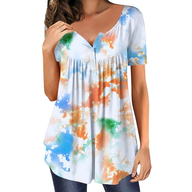 ICHUANYI Clearance Women Fashion Printed Casual V-Neck Short Sleeve Loose T-Shirt Blouse Tops(Orange, XL) ICHUANYI WER2023081403361