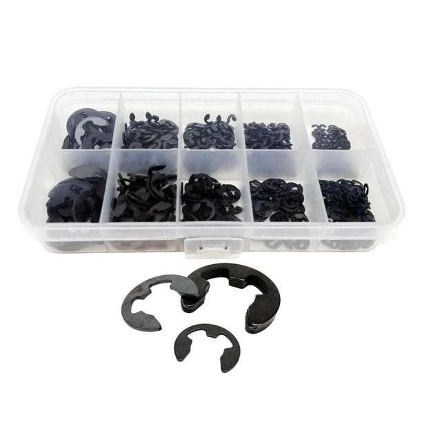 Anillo de hebilla en E 580x Durable 10 tamaños con sujetadores de caja de almacenamiento Abrazaderas de retención externas Arandela de anillo Apertura Anillo de seguridad Juego Negro Baoblaze Anillo de retención externo