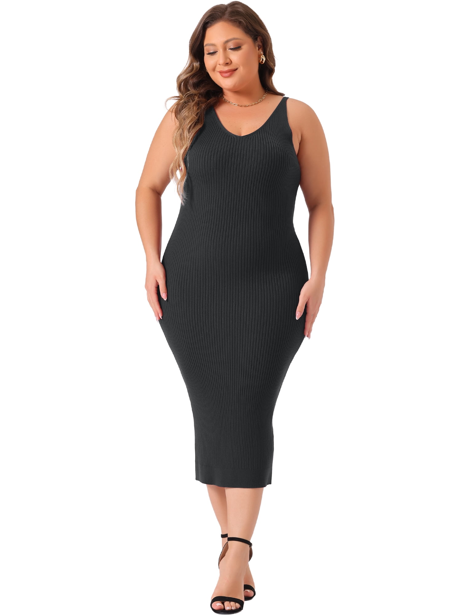 DARING DIVA Plus Size Sweater V Neck Ribbed Knit Bodycon Dress 1X Black