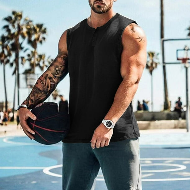 Camiseta sin mangas de cuello redondo para hombre, color liso, elástica, informal, para fitness, deportiva, permeable, camisetas sin mangas de cuello redondo para hombre
