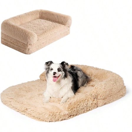 Foldable XXL Dog Bed for Large Sized Dog 54x38x7.5 Faux Fur Fluffy Pet Couch Bed Orthopedic Calming Memory Foam Big Pet Bed Washable Pet Sofa Bed with NonSlip Bottom Camel