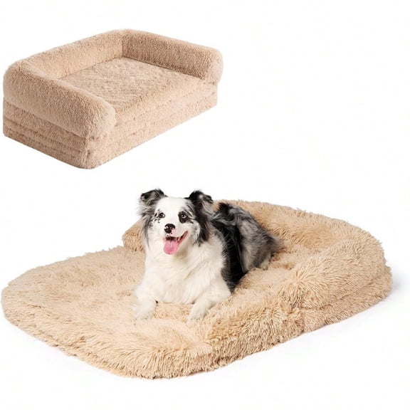 Foldable XXL Dog Bed for Large Sized Dog 54x38x7.5 Faux Fur Fluffy Pet Couch Bed Orthopedic Calming Memory Foam Big Pet Bed Washable Pet Sofa Bed with NonSlip Bottom Camel