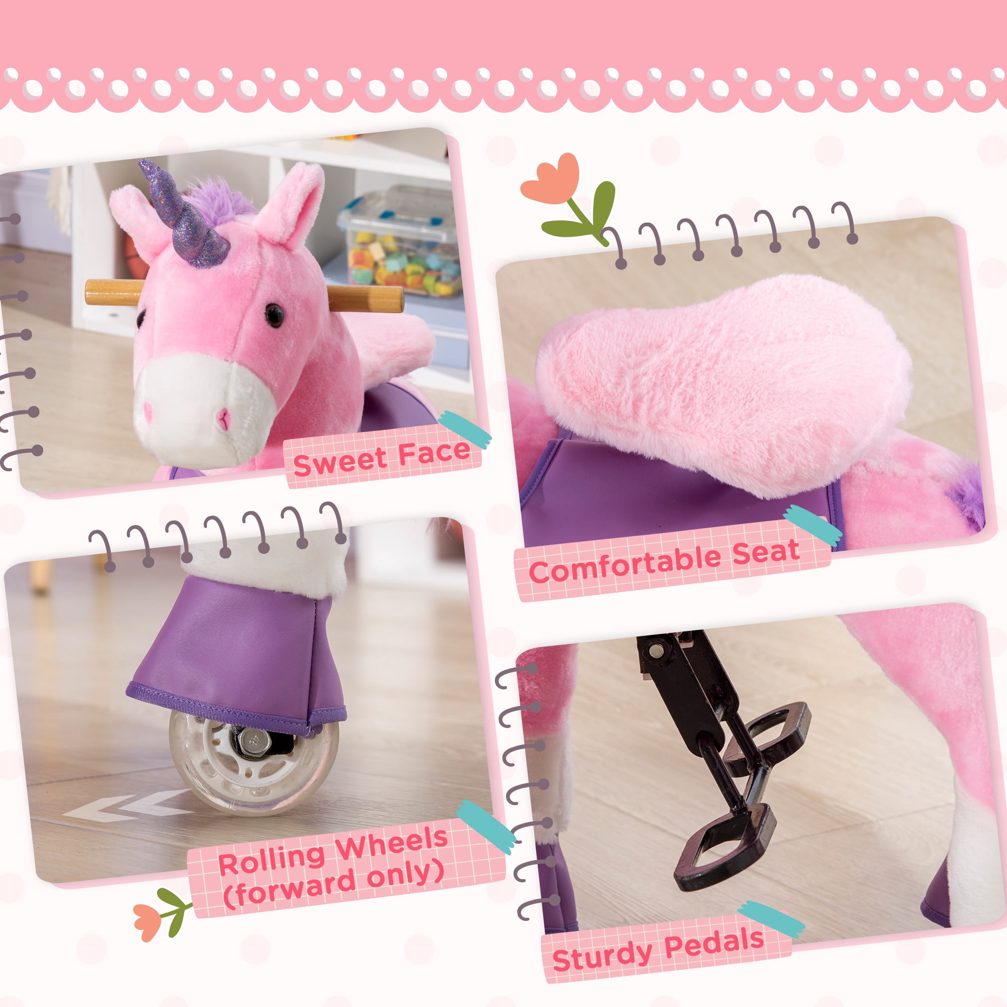 Kids Bikes Qaba Ride On Real Walking Unicorn with Sparkly Horn, Soft Plush Ride On Rocking Horse Bearing 176lbs, Imaginative Interactive Toy for Kids, Unicorn Gifts,Kids Riding Toys