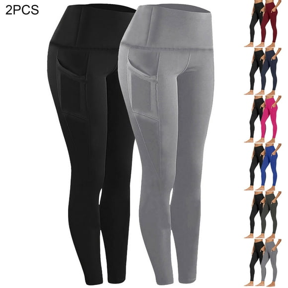 Aboser 2 Pack High Waist Yoga Pants, Womens Workout Leggings with Side Pockets Athletic Gym Joggers Pants Slimming Tummy Control Tights Solid Color Ankle Length Legging