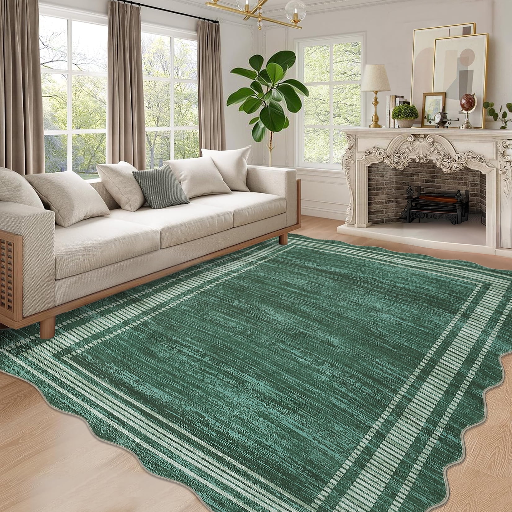 COZONY 10'x13' Modern Scalloped Washable Area Rug, Non-Slip Low-Pile Carpet for Living Room, Dining Area, Green
