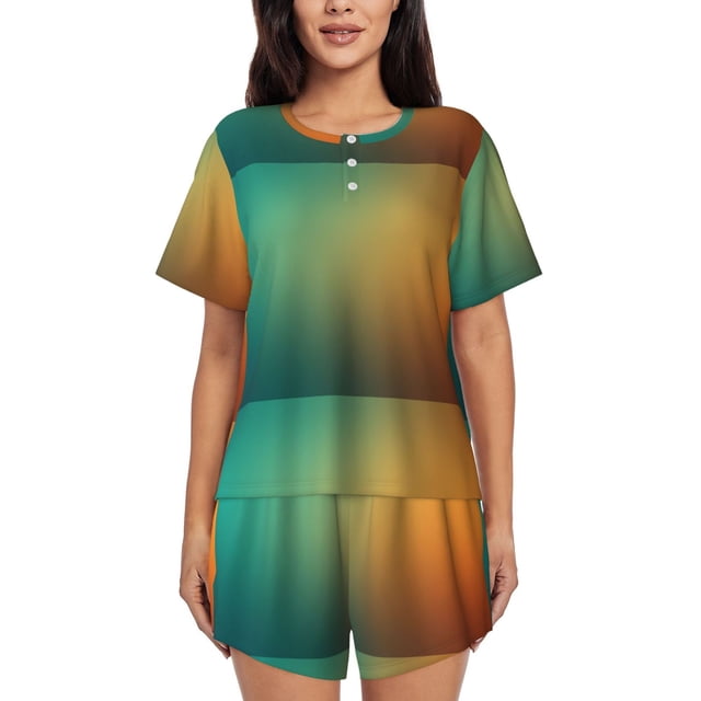 Fotbe Orange To Teal Gradient Conjunto de Pijama Estampado para Mujer, 2 Piezas, Ropa de Dormir con Camiseta de Manga Corta y Shorts Suaves-4X-Large