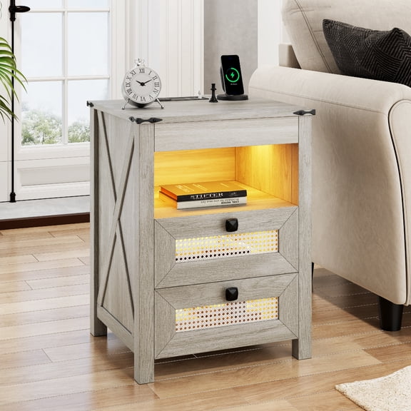 VKCC LED Nightstand with Hidden Drawer, Farmhouse Rattan Bedside Table with Charging Station, Light Grey
