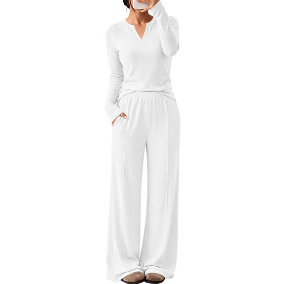 vdgthytj 2 Piece Sets Fall Women Long Sleeve Raglan Shoulder V-Neck Tops Pleated Wide Leg Pants Fall Casual Outfits(X-Large,White)