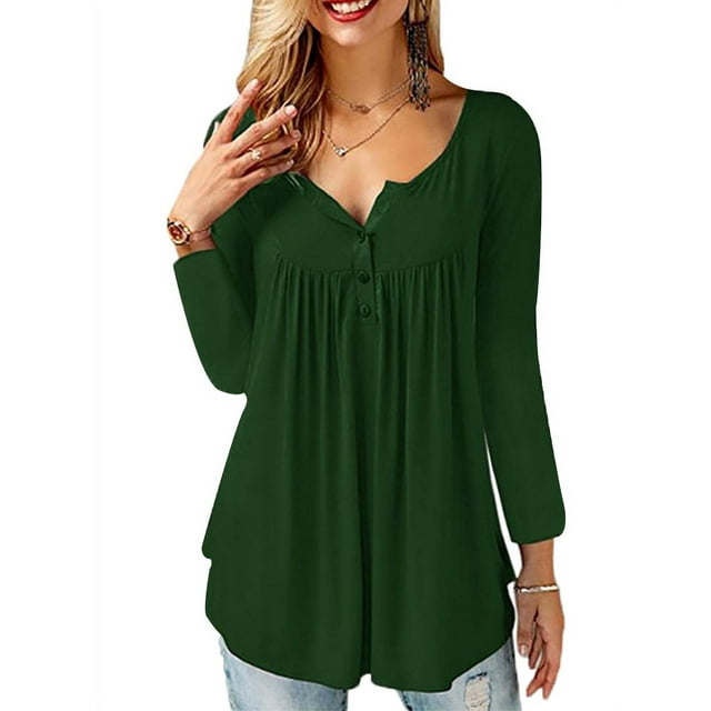 JustVH Women's Solid Henley V-Neck Casual Blouse Pleated Button Tunic ...