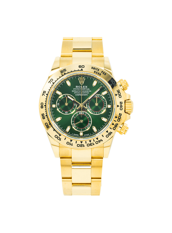 Pre-Owned Rolex Cosmograph Daytona 40MM 116508 John Mayer / Green Daytona Green Dial Tachymeter Bezel 18K Yellow Gold Oyster Bracelet