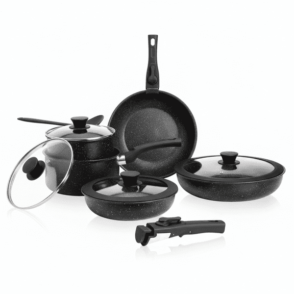 12-Piece Nonstick Pots and Pans Set, Healthy Cookware Set with Removable Handle and Lids, Oven & Dishwasher Safe, Black