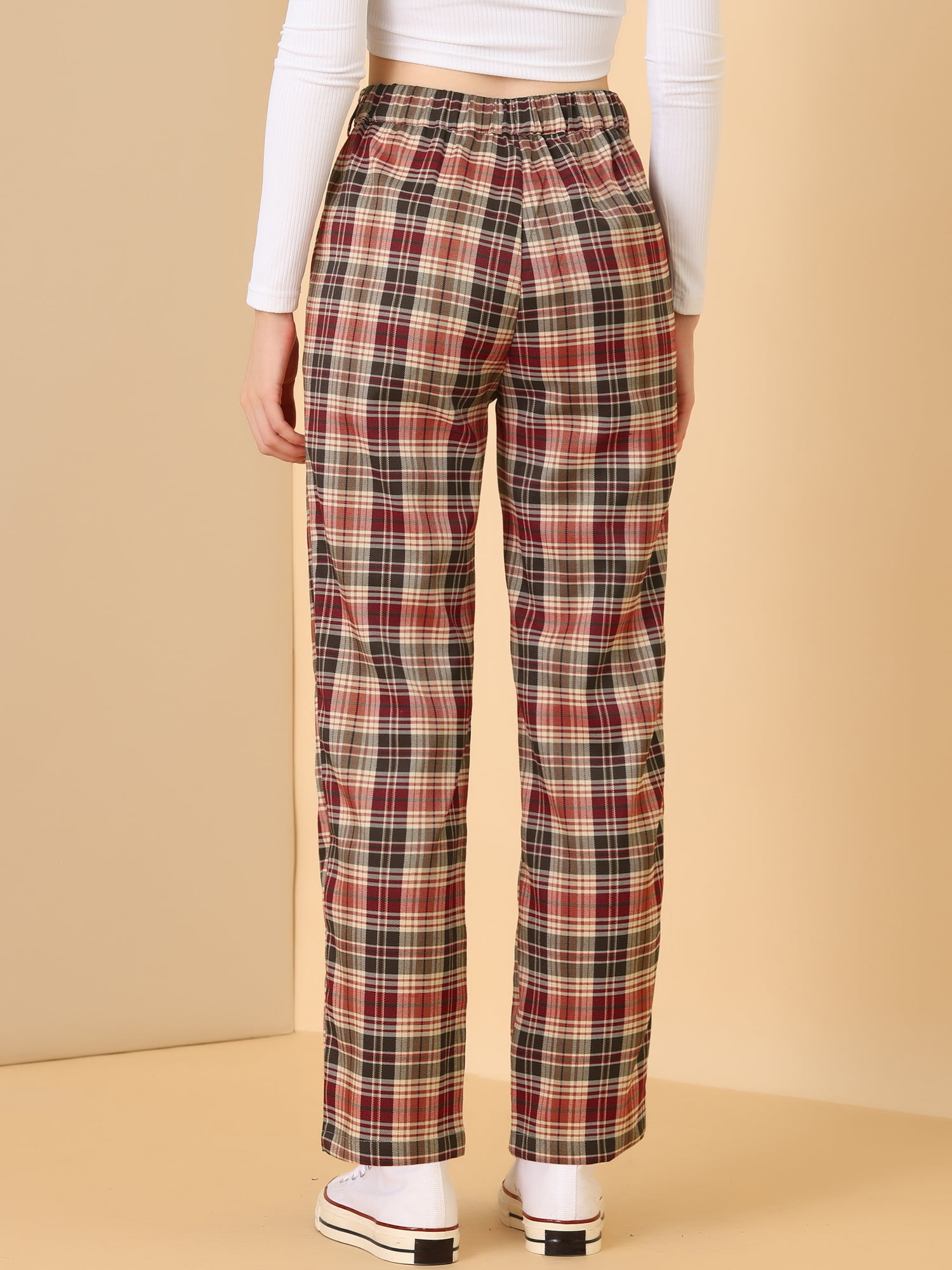 DARING DIVA Women's Plaid Trousers Pockets Straight Leg Casual Pant XS Red Brown Beige