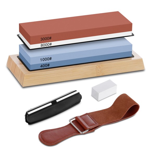 Aoresac Complete Knife Sharpening Stone Set/Dual Grit Whetstone 400/1000 3000/8000 Knife Sharpener with Leather Strop/Flattening Stone/Bamboo Base/2 Non-slip Rubber Bases/Angle Guide
