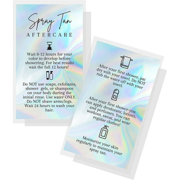 Spray Tan Aftercare Cards  50 Pack  2 x 3.5 in. Business Card Size  Traditional Spray Tan  Non-Reflective Matte Holographic Design