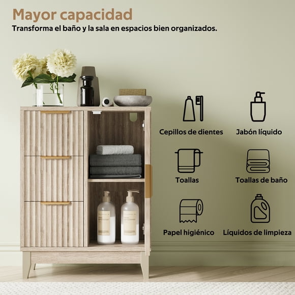 Gabinete Independiente de Baño Roble Natural con 3 Cajones y 1 Puerta, patas elevadas para almacenaje de artículos de aseo