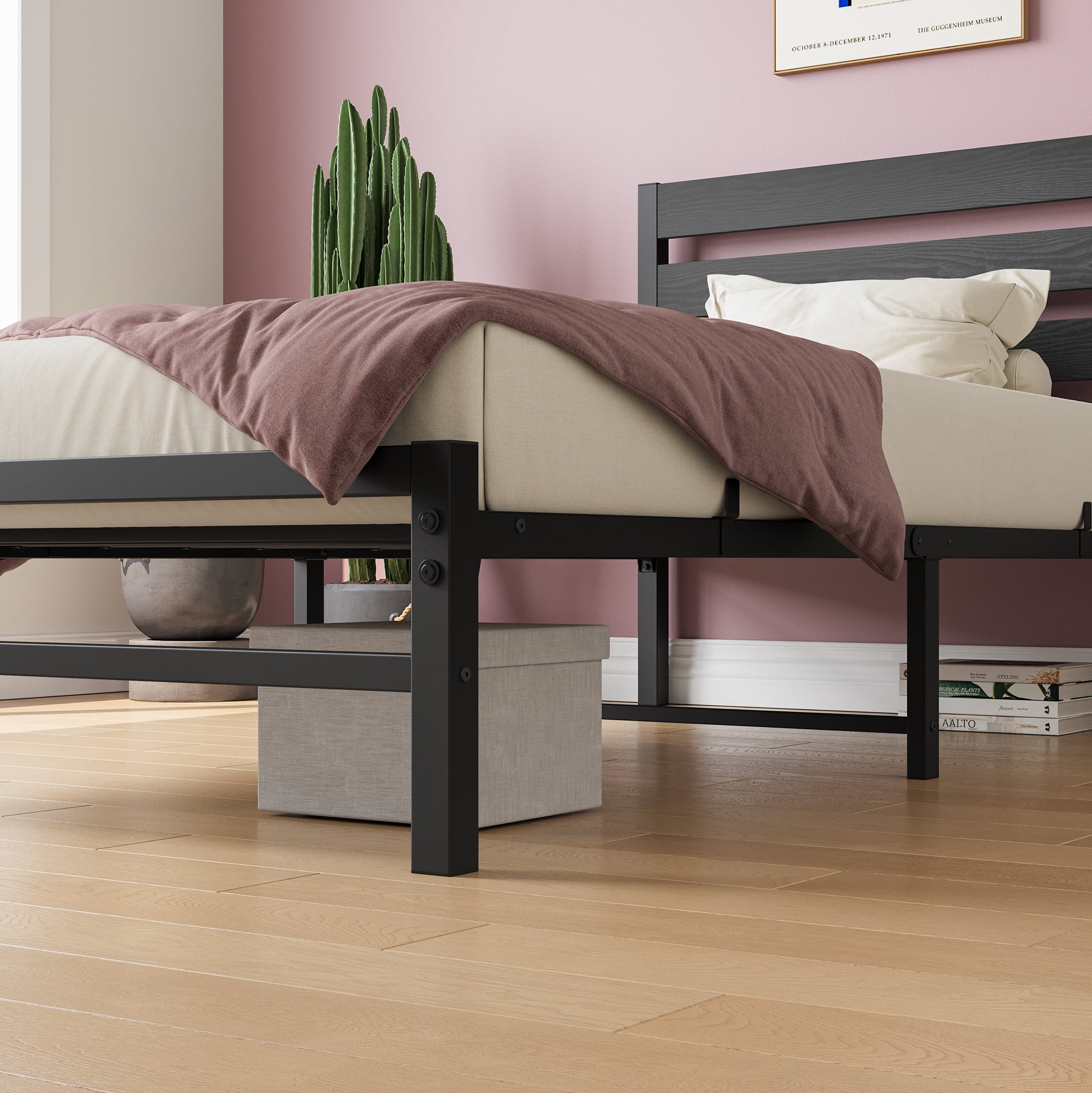 Aukfa Metal Platform Bed, Twin Bed Frame with Wood Headboard, Black