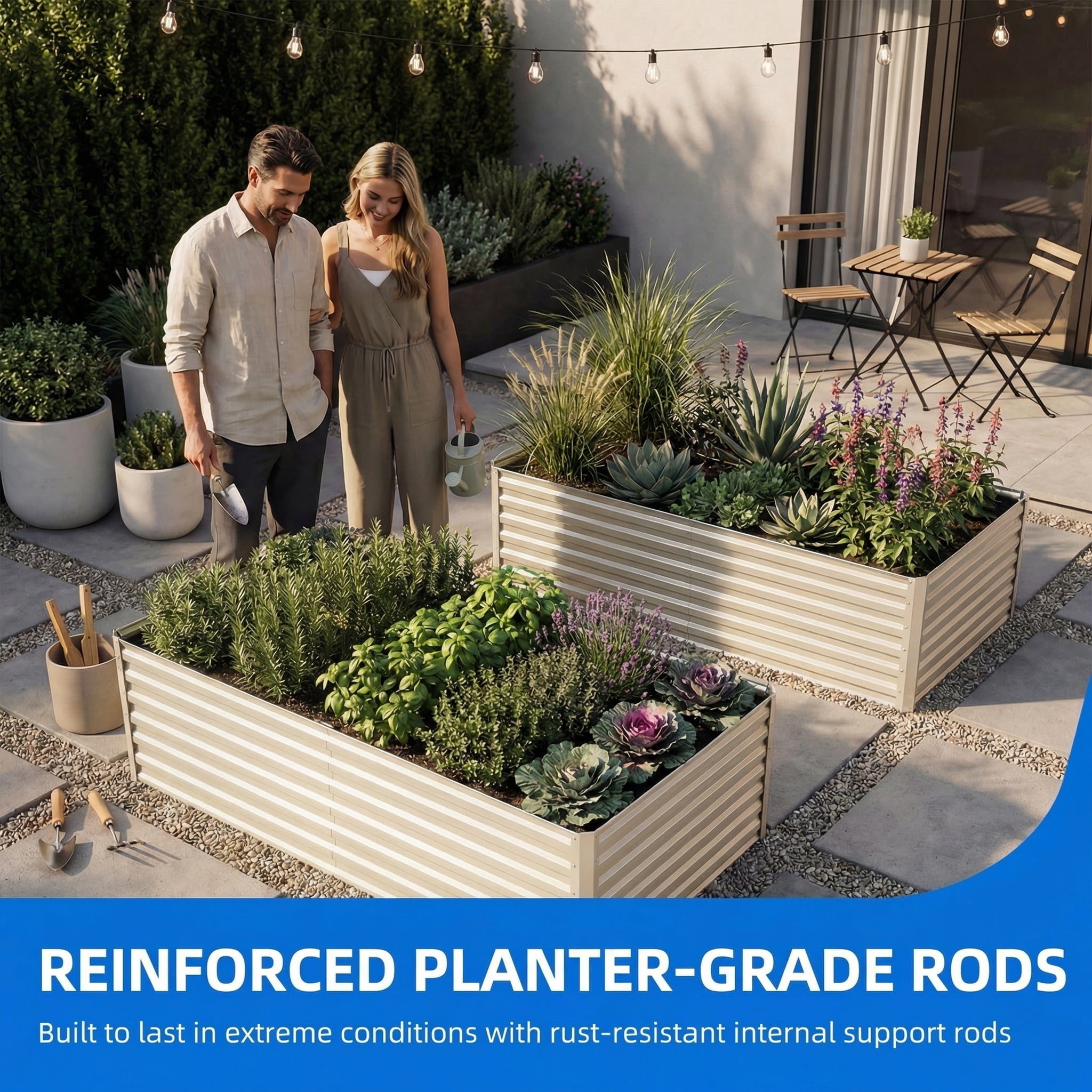 Uforic 6x3x2 ft Galvanized Raised Garden Bed Kit, Cream Metal Planter Box with Gloves, Ground Nails & Support Rod, Outdoor Above Ground Planter for Vegetables, Flowers, Plants