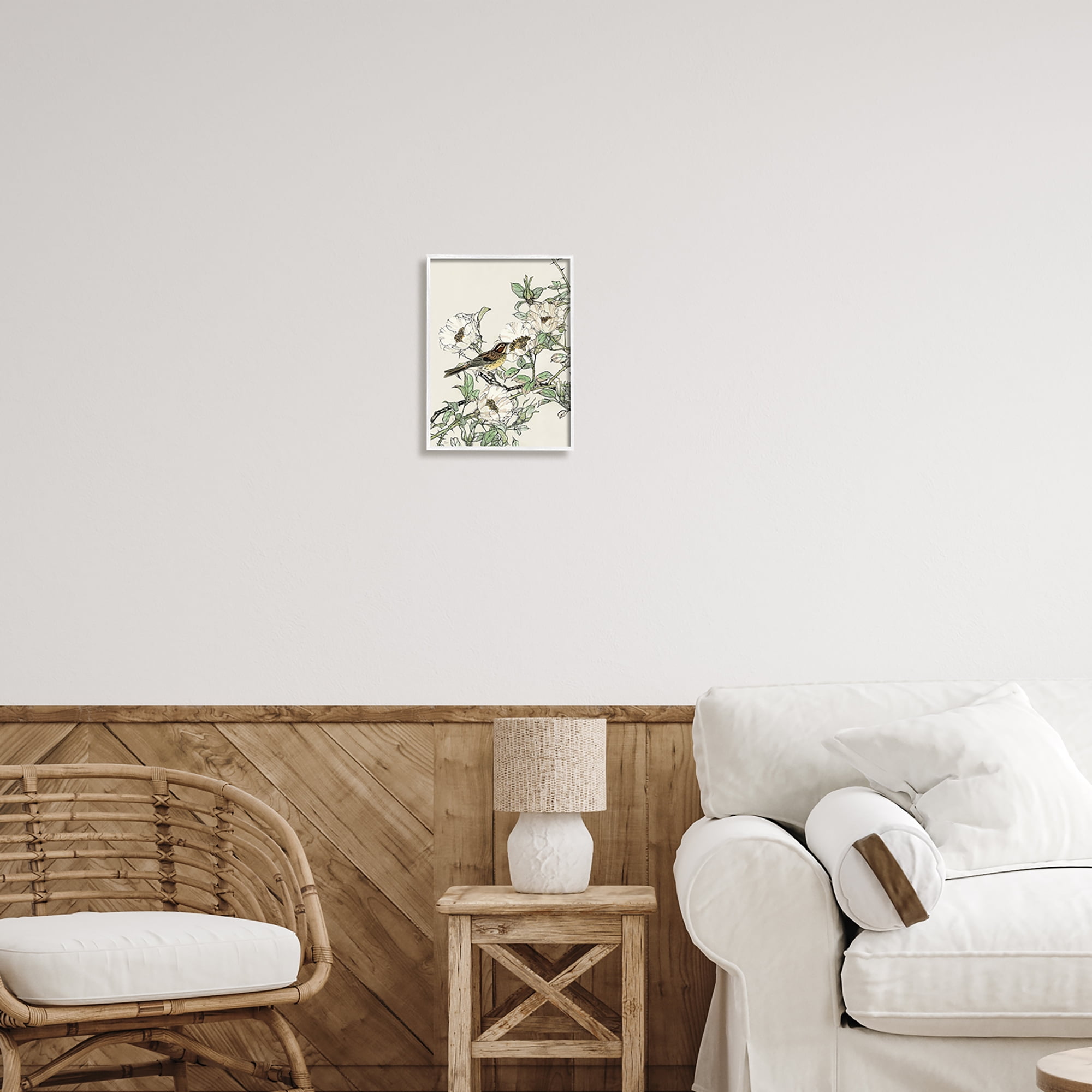 Stupell Industries Delicate Bird & Blossoms Botanical & Floral Painting White Framed Art Print Wall Art, 11 x 14