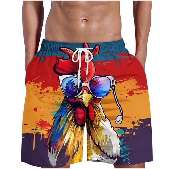 Iyufng Mens Shorts with Pockets Men's Shorts Drawstring,Men's Flame Printing Special Rooster Print Beach Casual Trouser Shorts Pant