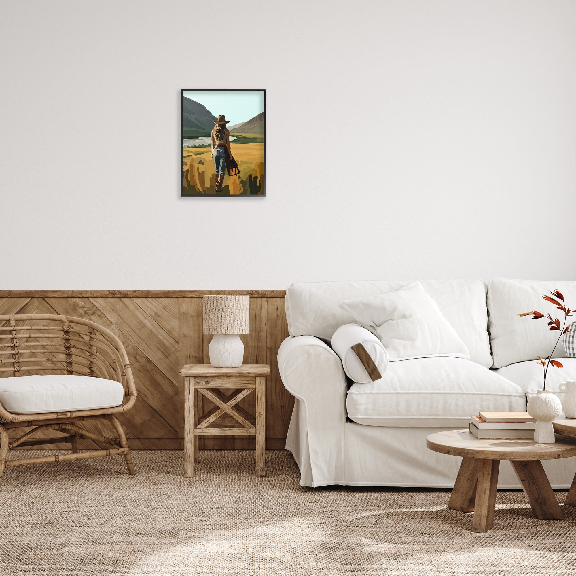 Stupell Industries Strolling Cowgirl in Desert Landscape Painting Black Framed Art Print Wall Art, 16 x 20