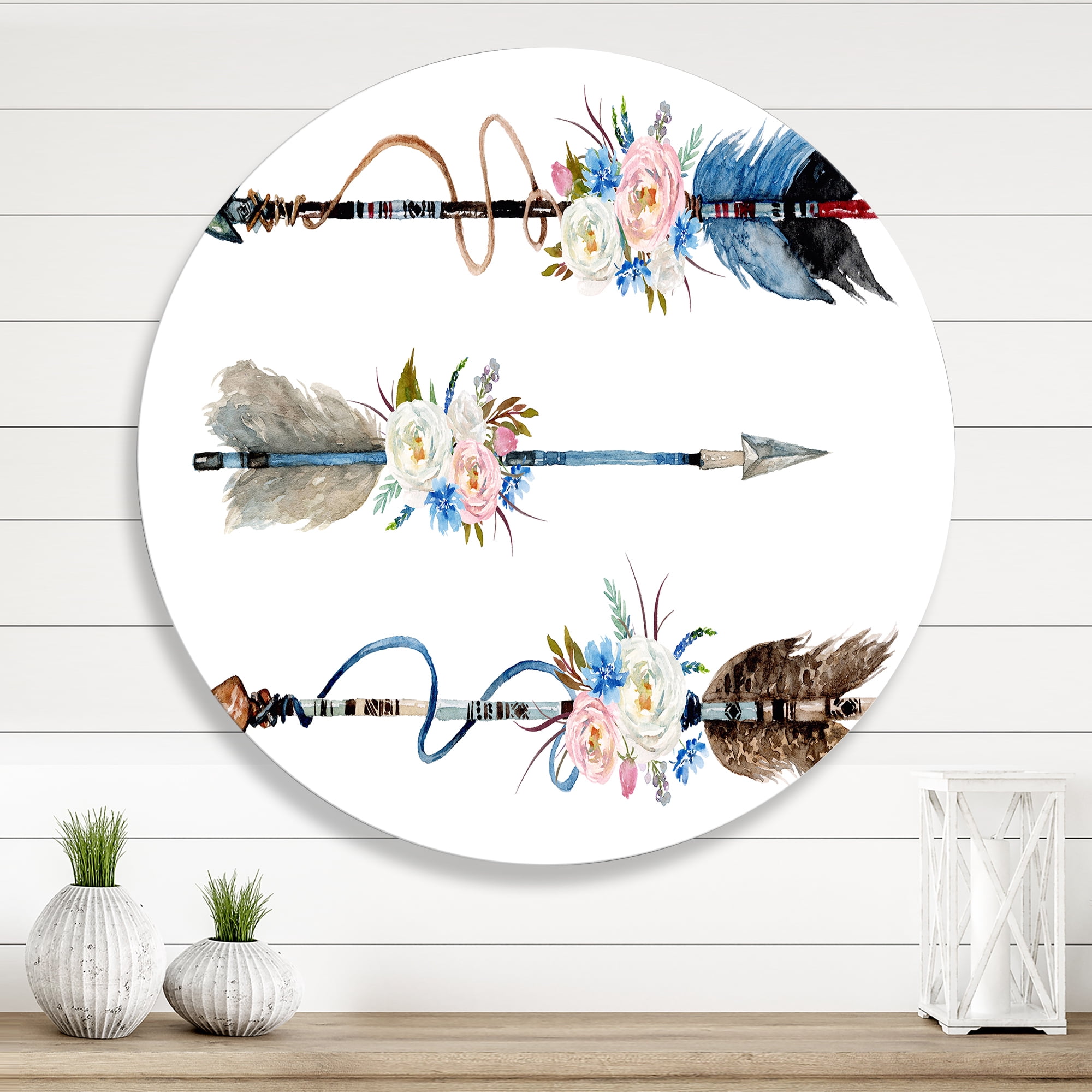 Flowers and Ethnic Feathers On Native Arrows I 11 in x 11 in Painting Art Prints, by Designart