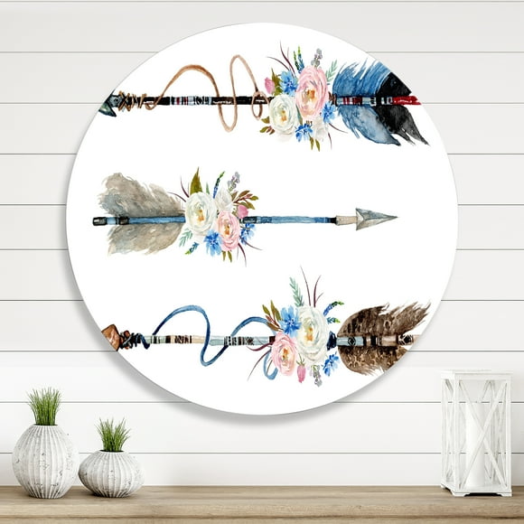 Designart - Ethnic Feathers and Flowers On Native Arrows I - Bohemian & Eclectic Metal Circle Wall Art
