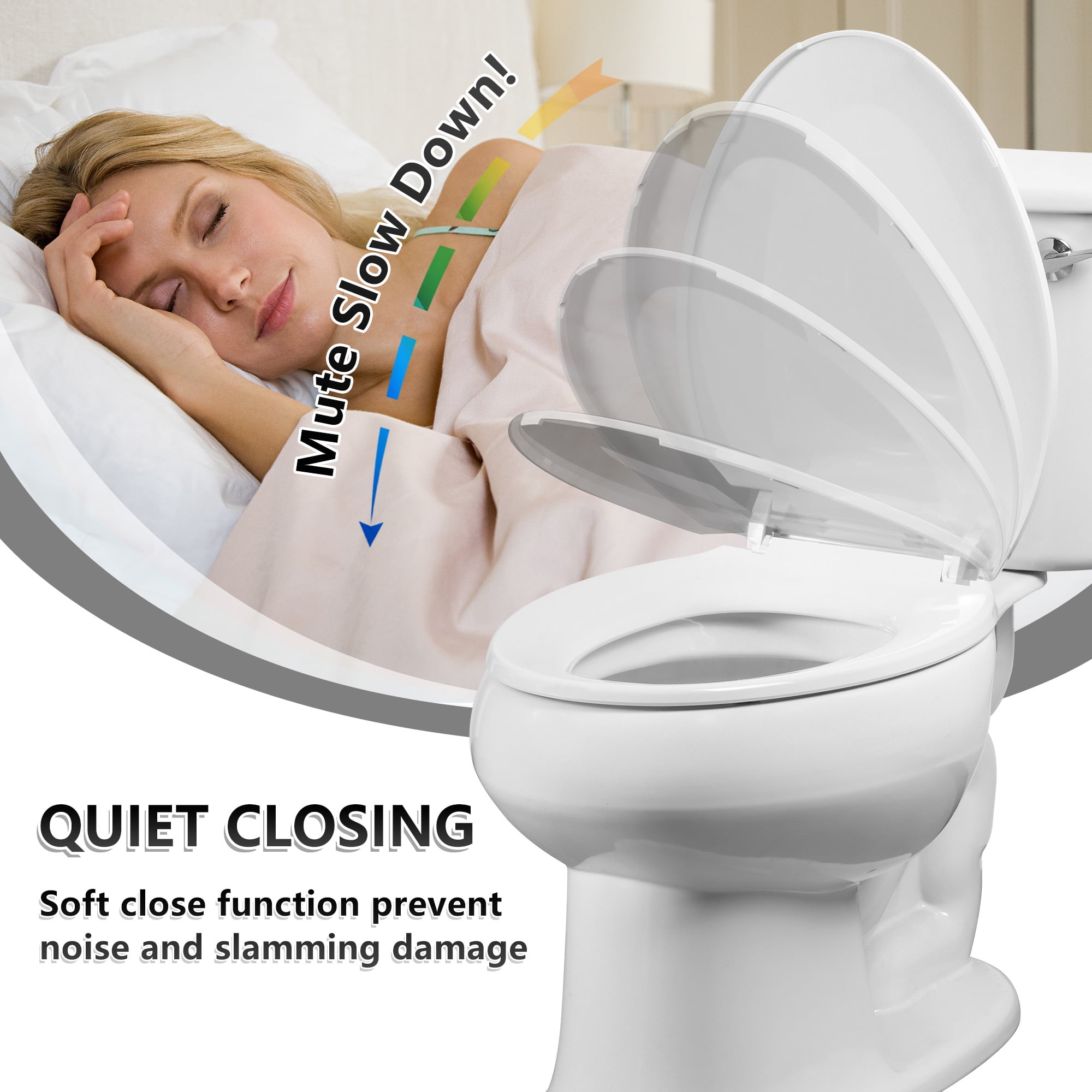 Angol Shiold Elongated Toilet Seat - Slow Close Hinges, Ergonomic Design with Grip-Tight Bumpers, Safe Easy-Clean PP Material , Fit 18.5" Elongated toilet seat, White